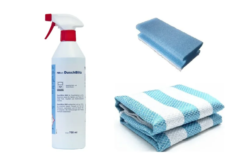 Kleines Reinigungs-Set für Duschglas: DuschBlitz 2000, Pflegeschwamm und zwei Bavariaclean-Tücher