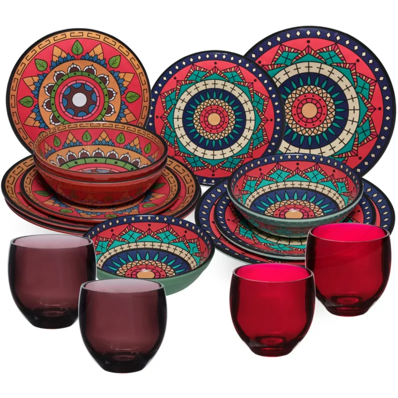 Melamin Geschirr Set Toskana Deep für 4 Personen - 16 Teile Rot-Grün - Mandala-Optik mit farblich passenden Trinkgläsern 400 ml Campinggeschirr