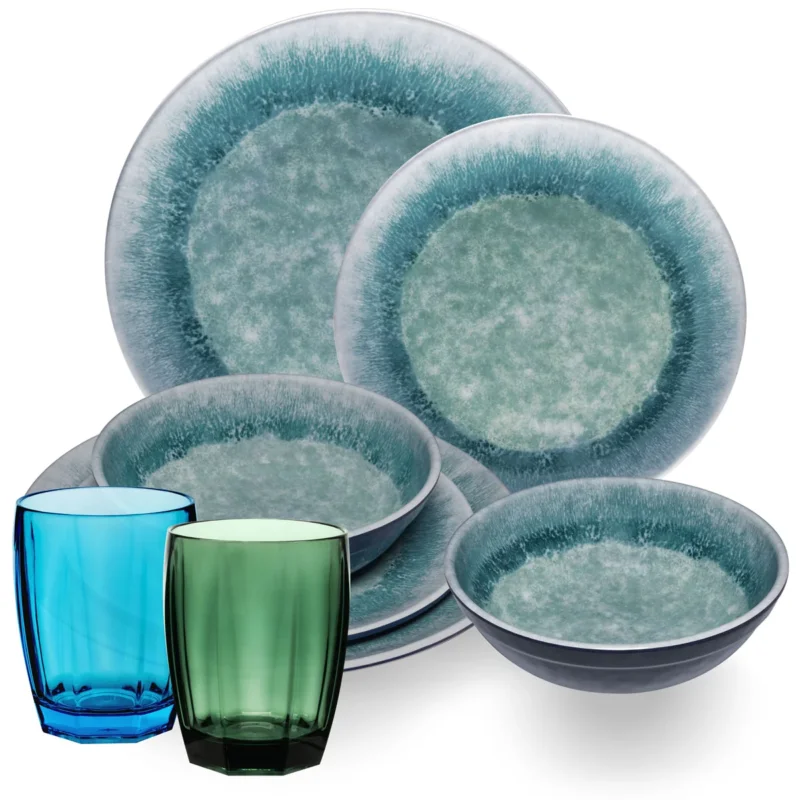 Melamin Geschirr Set Adria Blue für 2 Personen - 8 Teile Blau - mit farblich passenden Trinkgläsern 320 ml aus Acryl Steingutoptik Campinggeschirr Camping