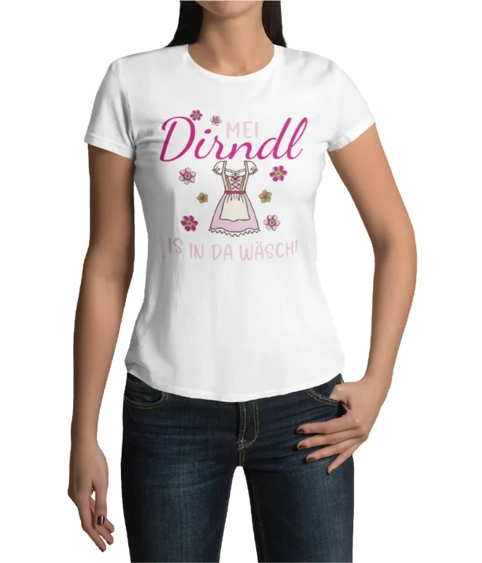 PartyMagix Mein Dirndl is in da Wäsch T-Shirt Damen Blümchen Ersatz-Shirt Oktoberfest Trachten Shirt Damen-Shirt - 100% Baumwolle