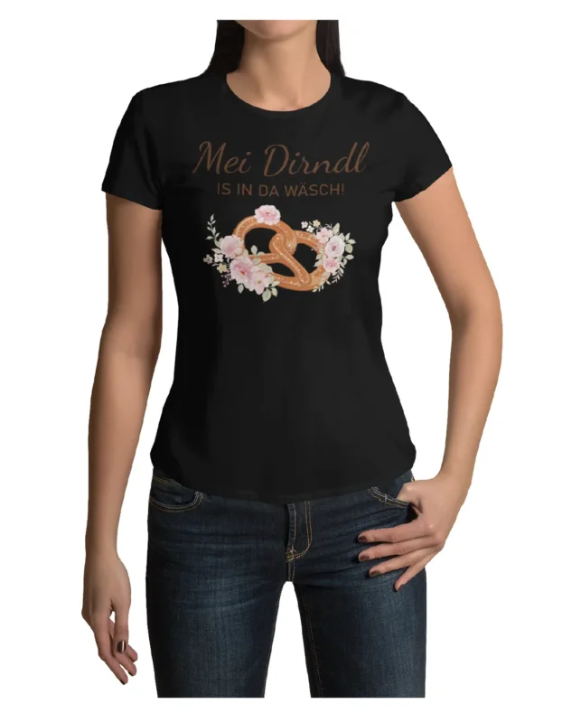 Mein Dirndl is in da Wäsch T-Shirt Damen – lustiges Oktoberfest Shirt mit Brezel – Trachten Ersatz Volksfest, Wiesn & Bierfest – Damen Baumwolle