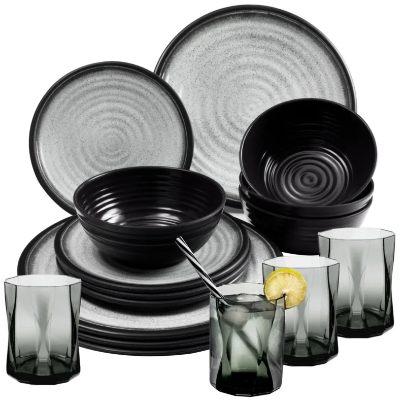 Melamin Geschirr Set für 4 Personen Grau Granit-Optik 16 Teile - mit grauen Trinkgläsern 300 ml - Campinggeschirr Geschirrset Tafelgeschirr - Spülmaschinengeeignet Tableware Outdoor Camping