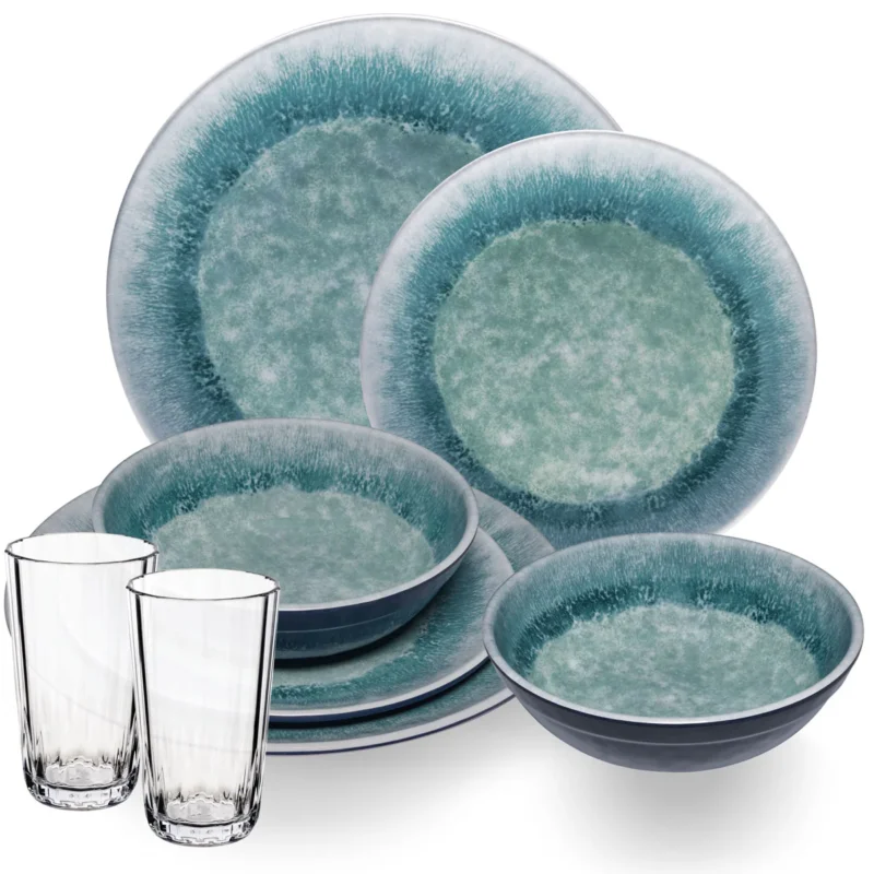 Melamin Geschirr Set Adria Blue für 2 Personen - 8 Teile Blau - mit klarem Trinkglas 300 ml aus Acryl Steingutoptik Campinggeschirr Camping