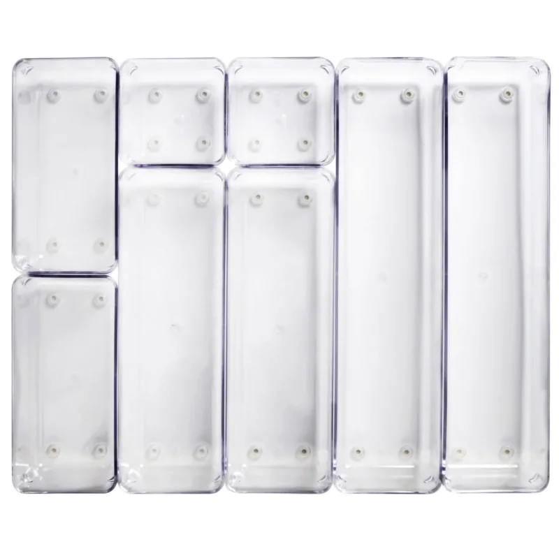 Schubladen Ordnungssystem 8 Teile 32x40 cm 4 Größen 5,5cm hoch klar transparent Antislip - Organizer für Schminktisch Kosmetik Bad Küche Kiste Besteck Aufbewahrungsbox Ordnungsbox Schubladeneinsatz