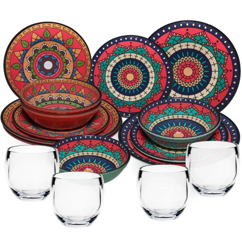 Melamin Geschirr Set Toskana Deep für 4 Personen - 16 Teile Rot-Grün - Mandala-Optik mit klaren Trinkgläsern 400 ml Campinggeschirr