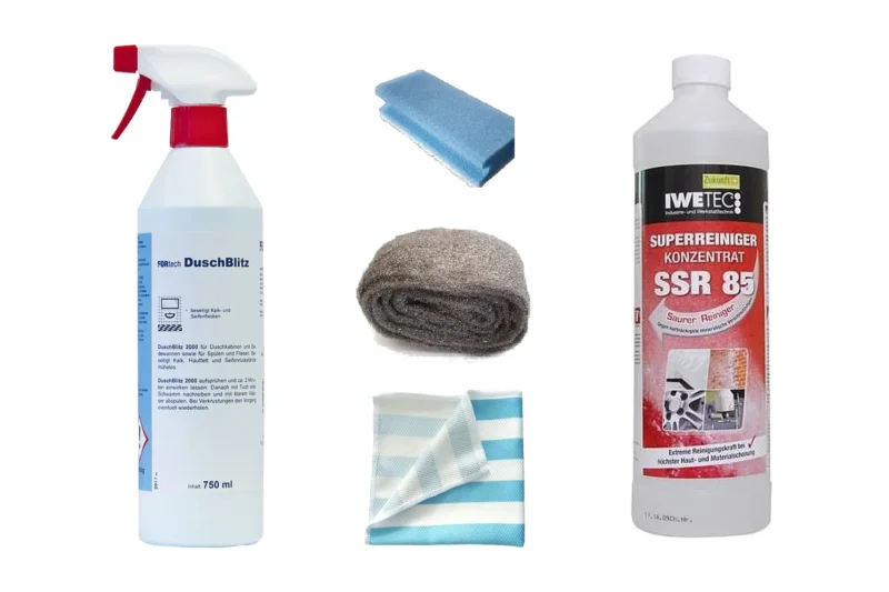 Reinigungs-Set für Ablagerungen und starke Verschmutzungen auf Duschglas: DuschBlitz 2000, Pflegeschwamm, Stahlwolle Typ 0000, Bavariaclean-Tuch und SSR85 Säure-Vorreiniger