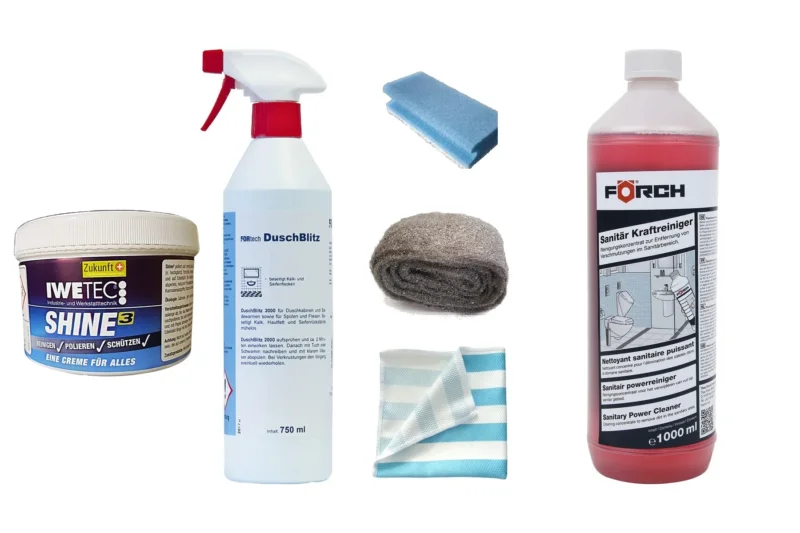 Profi-Reinigungs-Set für stark verkalktes Duschglas: Shine³ Polierpaste, DuschBlitz 2000, Pflegeschwamm, Stahlwolle Typ 0000, Bavariaclean-Tuch und saures Sanitärreiniger-Konzentrat