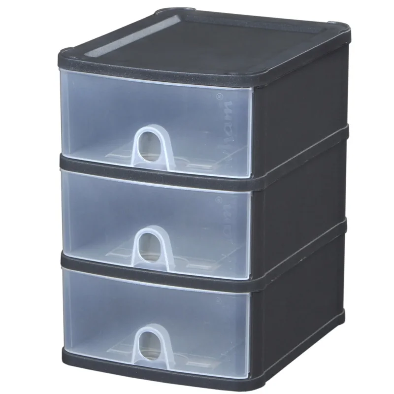 Schubladenbox DIN A5 mit 3 Schubladen 25x20x29 cm - schwarz-transparent Kunststoff Drawer Tower Box Organizer für Schreibtisch Easy-Pull-System