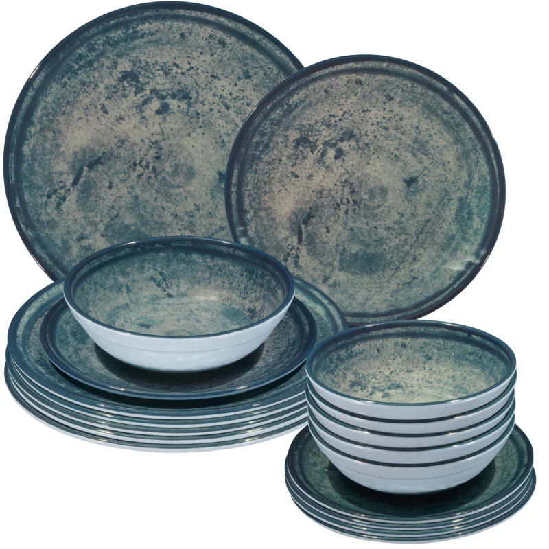 Melamin Geschirr Set Mondgranit Blau-Grau für 6 Personen - 18 Teile - Steingutoptik