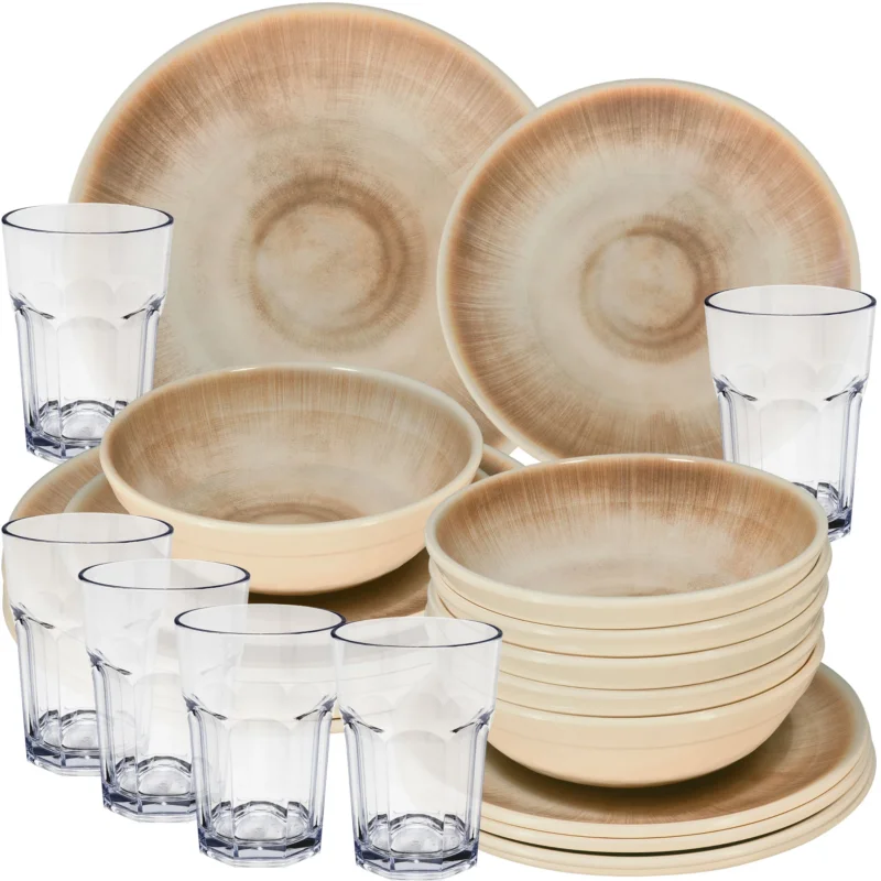 Melamin Geschirr Set Jesolo Sand für 6 Personen - 24 Teile - mit klarem Trinkglas 400ml Steingutoptik Spülmaschinengeeignet Essgeschirr Campingzubehör Campinggeschirr Wohnwagen Camping