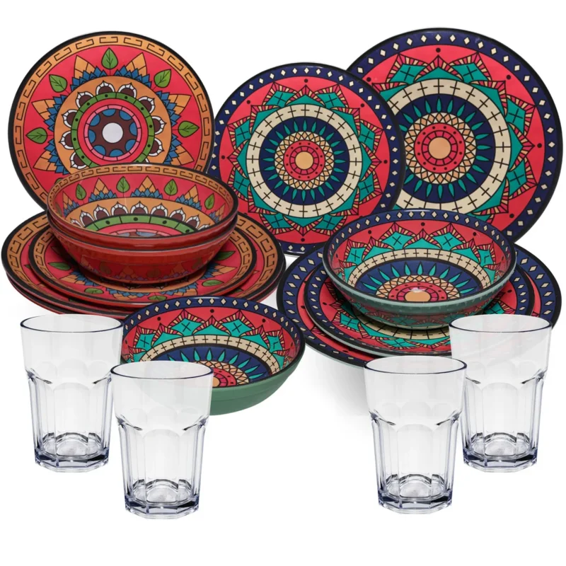 Melamin Geschirr Set Toskana Deep für 4 Personen - 16 Teile Rot-Grün - Mandala-Optik mit klaren Trinkgläsern 400 ml Campinggeschirr