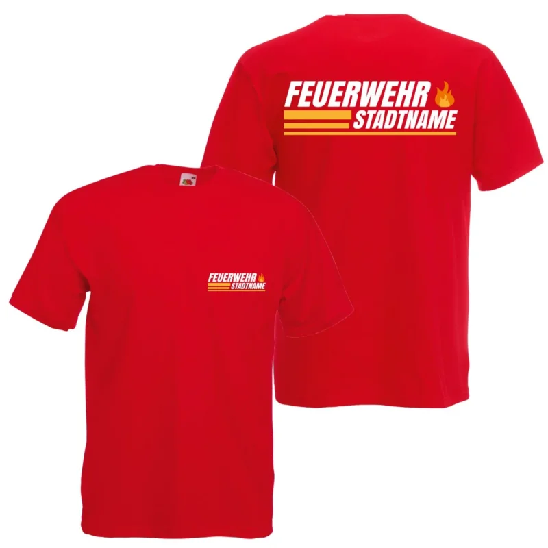Feuerwehr T-Shirt personalisiert mit Wunschort & Wunschstadt – Aufdruck Brust & Rücken – Rundhals Kurzarm Shirt – 100% Baumwolle – Vereinskleidung, Einsatz & Freizeit