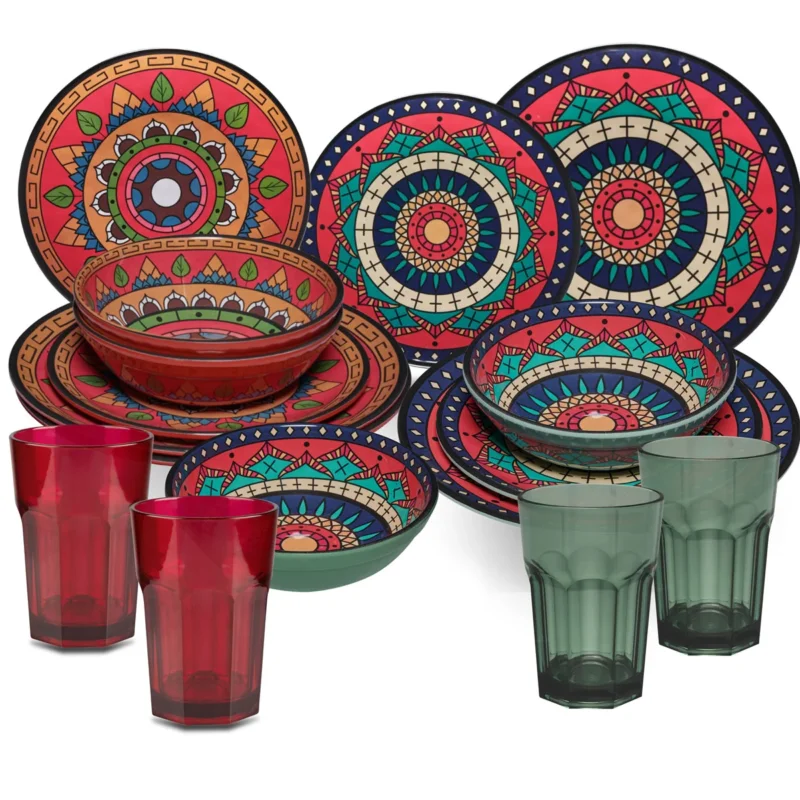 Melamin Geschirr Set Toskana Deep für 4 Personen - 16 Teile Rot-Grün - Mandala-Optik mit farblich passenden Trinkgläsern 400 ml Campinggeschirr