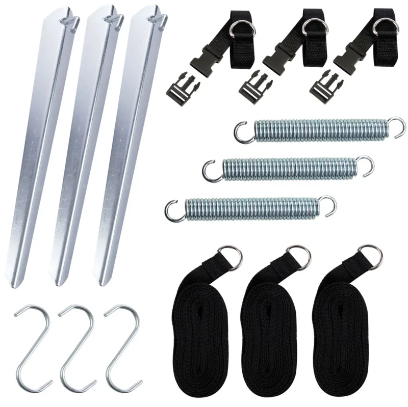 Sturmband Set Spanngurte 3x6 m mit Spannfeder Heringe S-Haken Sturmset Sturmsicherung Vorzelt Zelt Zubehör Camping Tie Down Erdanker Sturmverspannung Seitensicherung