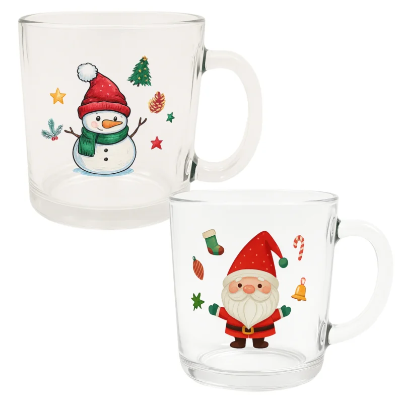 Weihnachtsbecher aus Glas mit Henkel | Weihnachtsgäser mit Schneemann- & Weihnachtsmann-Motiv | Festlicher Glühwein- & Kakaobecher | Weihnachtsgeschirr Geschenkidee für Familie & Freunde