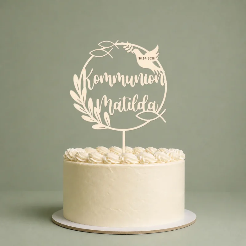 Cake Topper Konfirmation Taufe personalisiert mit Name & Datum – Holz Tortenstecker mit Taube & Zweigen – Kommunion Deko individuell