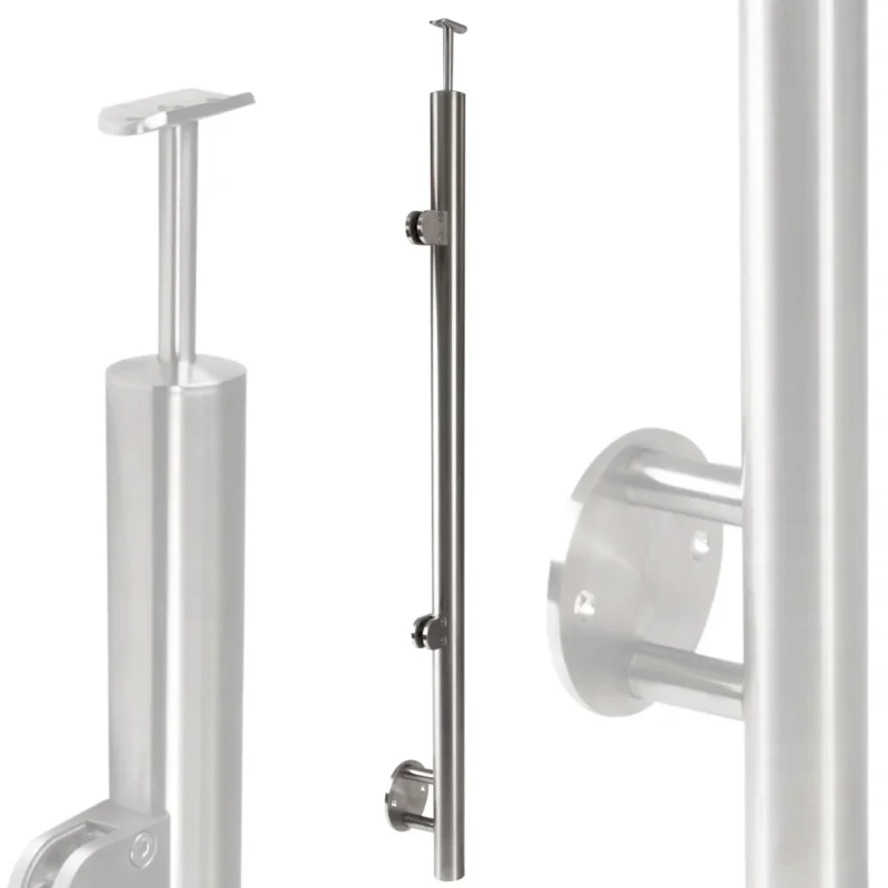 Edelstahl Geländerpfosten Endpfosten links mit Glashalter 8mm und Handlauf-Träger - 42,4mm - Wangemontage V2A - seitliche Montage vormontiert - Glasgeländer Geländerstützen Pfosten Zaunpfosten aussen