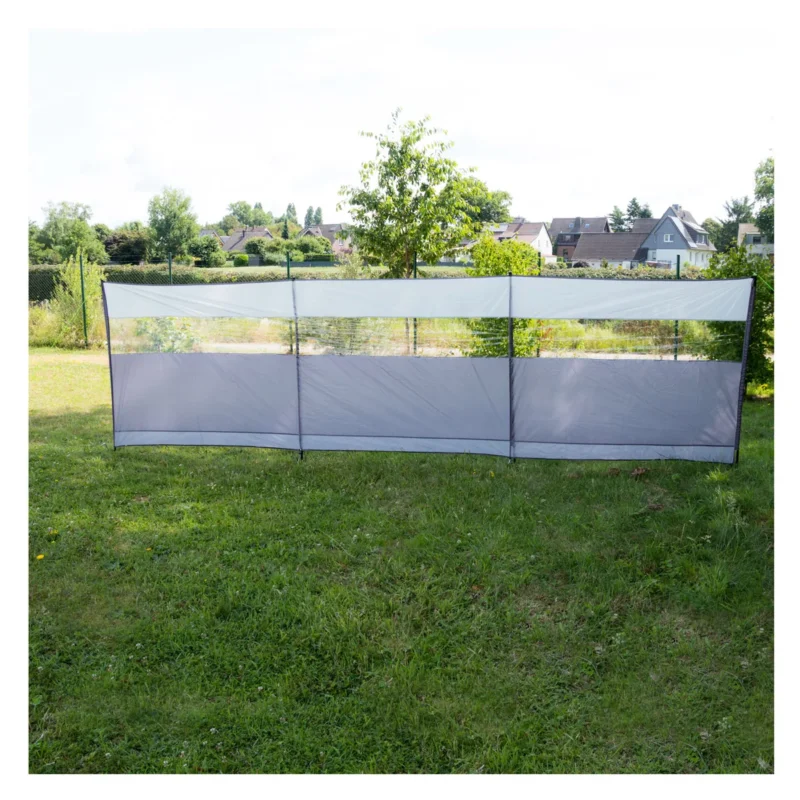 Windschutz mit Stahlstangen 500x140cm mit Heringsplatten mit Sichtfenster - Sichtsschutz mit Heringen Abspannseilen Schutzwand mobil leichter Aufbau - variabler Aufbau - Ankerplatte