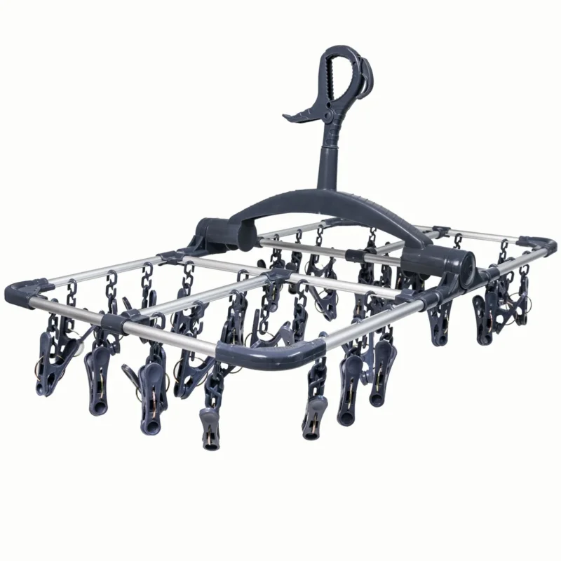 Wäschetrockner Aluminium 59x33cm faltbar mit 36 Wäscheklammern windgeschützter großer Aufhängehaken Hängetrockner Sockentrockner zum Aufhängen Wäscheständer Wäschespinne ideal für unterwegs Camping