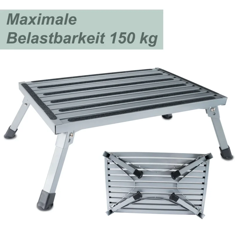 Caravan Trittstufe Klappbare Stufe 72x61x23 cm aus Stahl bis zu 150kg belastbar mit Anti-Rutsch-Trittfläche Einstiegshilfe Einzeltritt Faltbar Wohnwagen Wohnmobil Fußbank Trittleiter