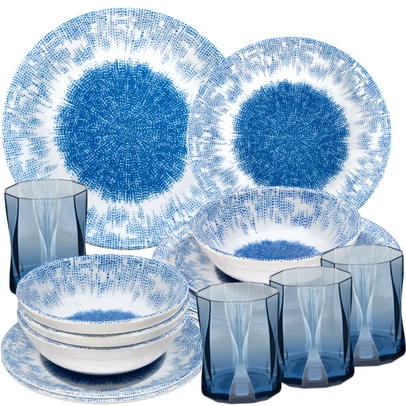 Melamin Geschirr Set Wish Flower Blau für 4 Personen - 16 Teile - mit blauem Trinkglas 300ml Steingutoptik Spülmaschinengeeignet Essgeschirr Campingzubehör Campinggeschirr Wohnwagen Camping