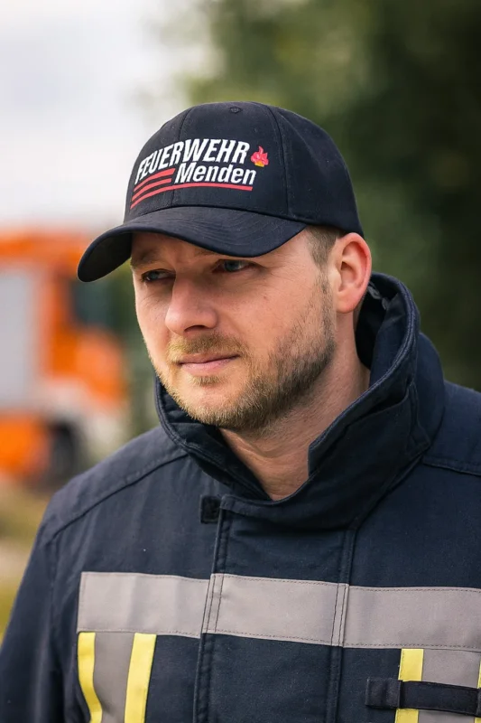 Feuerwehr Cap personalisiert mit Wunschtext oder Stadtname – Basecap in Navy, Schwarz oder Rot