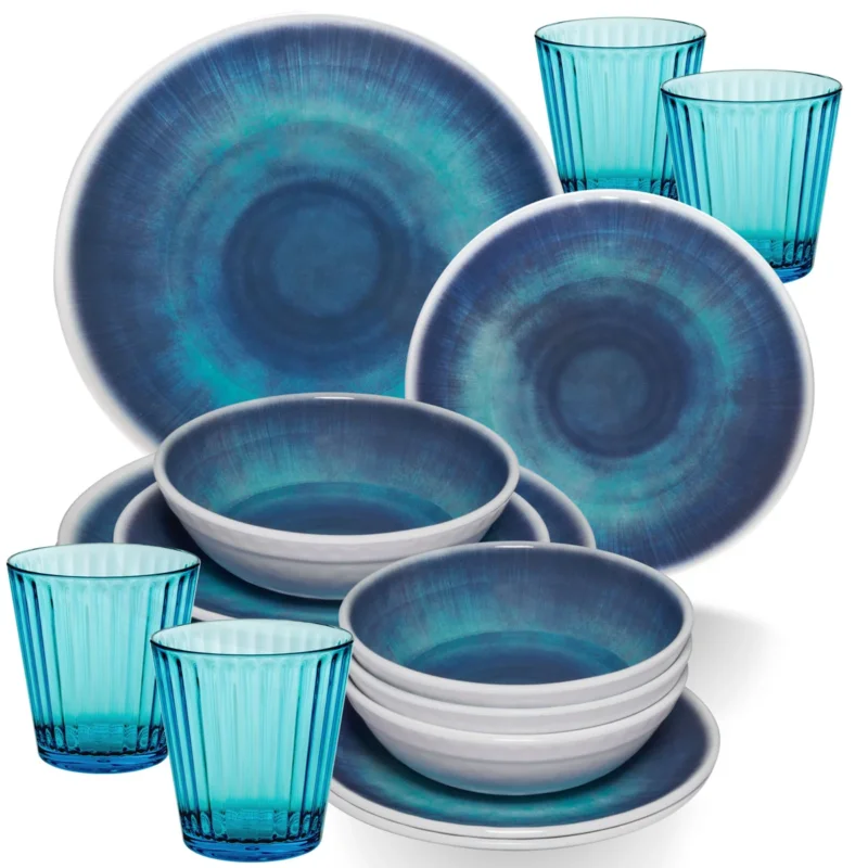 Melamin Geschirr Set Jesolo Blau für 4 Personen - 16 Teile - mit farblich passenden Trinkgläsern 360ml aus Acryl Campinggeschirr