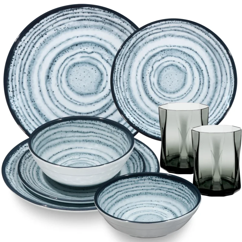 Melamin Geschirr Set Blau Schiefer für 2 Personen - 8 Teile - mit grauen Trinkgläsern 300 ml - Steingutoptik Spülmaschinengeeignet Essgeschirr Campingzubehör Campinggeschirr Wohnwagen Camping