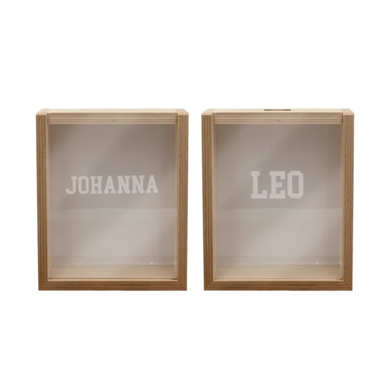 Schaukasten Holz Shadow-Box - 16 cm B 19 cm H - Holzkiste Schattenbox Holzbox Objektrahmen mit Fenster - Personalisiert mit Namen