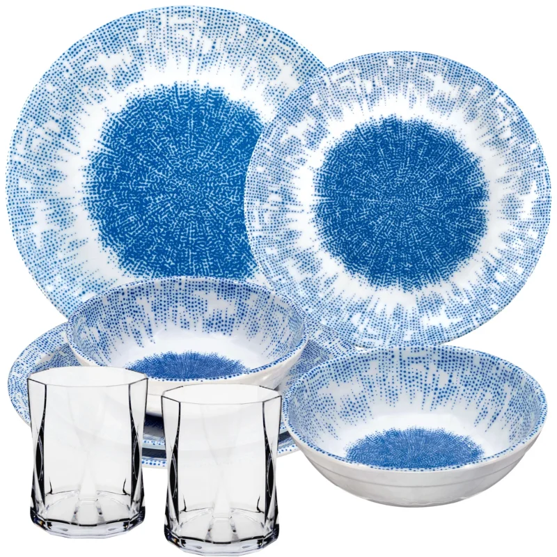 Melamin Geschirr Set Wish Flower Blau für 2 Personen - 8 Teile - mit klarem Trinkglas 300ml Steingutoptik Spülmaschinengeeignet Essgeschirr Campingzubehör Campinggeschirr Wohnwagen Camping