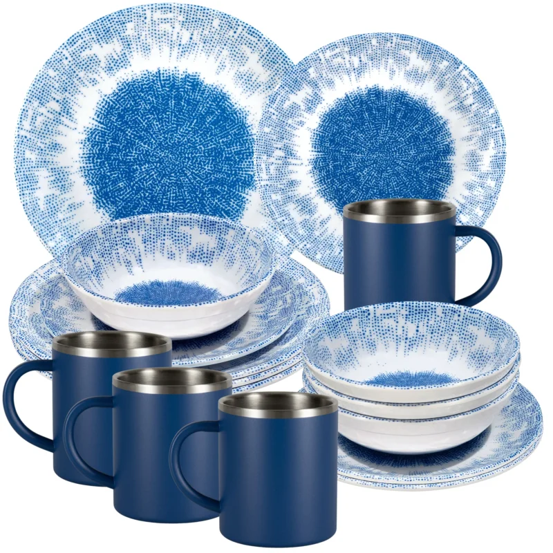 Melamin Geschirr Set Wish Flower Blau für 4 Personen - 16 Teile - mit Edelstahl Thermo Tassen Pusteblume Steingutoptik Spülmaschinengeeignet Essgeschirr Campingzubehör Campinggeschirr Wohnwagen Camping Festival Picknick Gartenparty