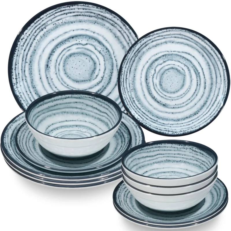 Melamin Geschirr Set Blau Schiefer für 4 Personen - 12 Teile - Steingutoptik
