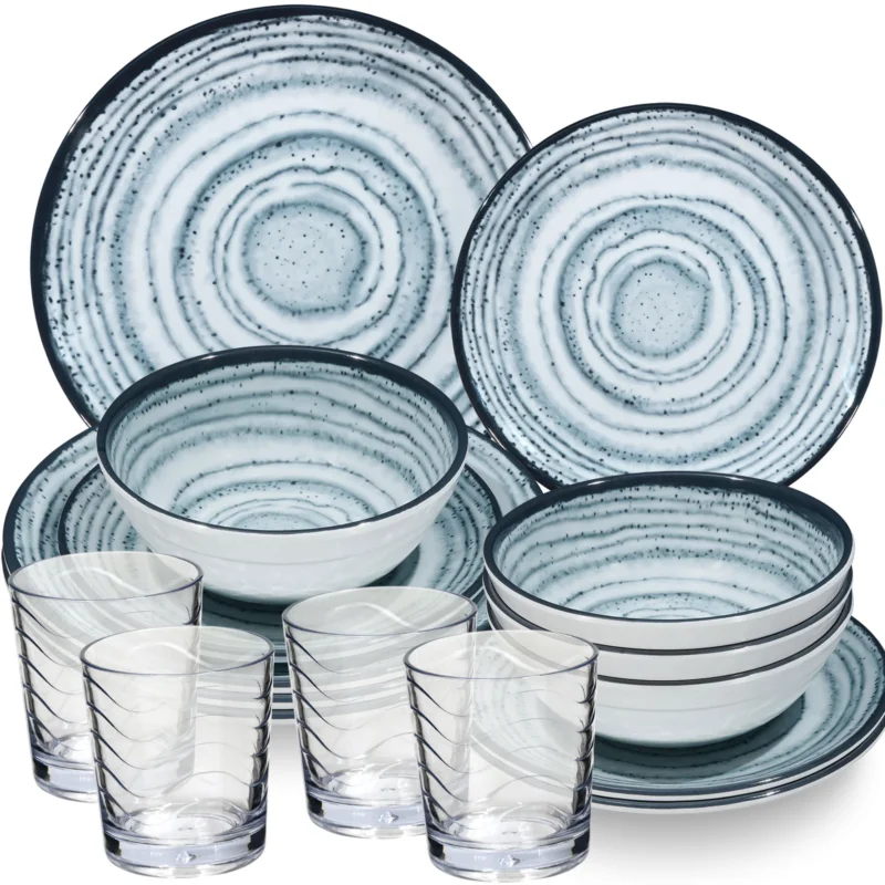 Melamin Geschirr Set Blau Schiefer für 4 Personen - 16 Teile - mit klaren Trinkgläsern 250 ml - Steingutoptik Spülmaschinengeeignet Essgeschirr Campingzubehör Campinggeschirr Wohnwagen Camping