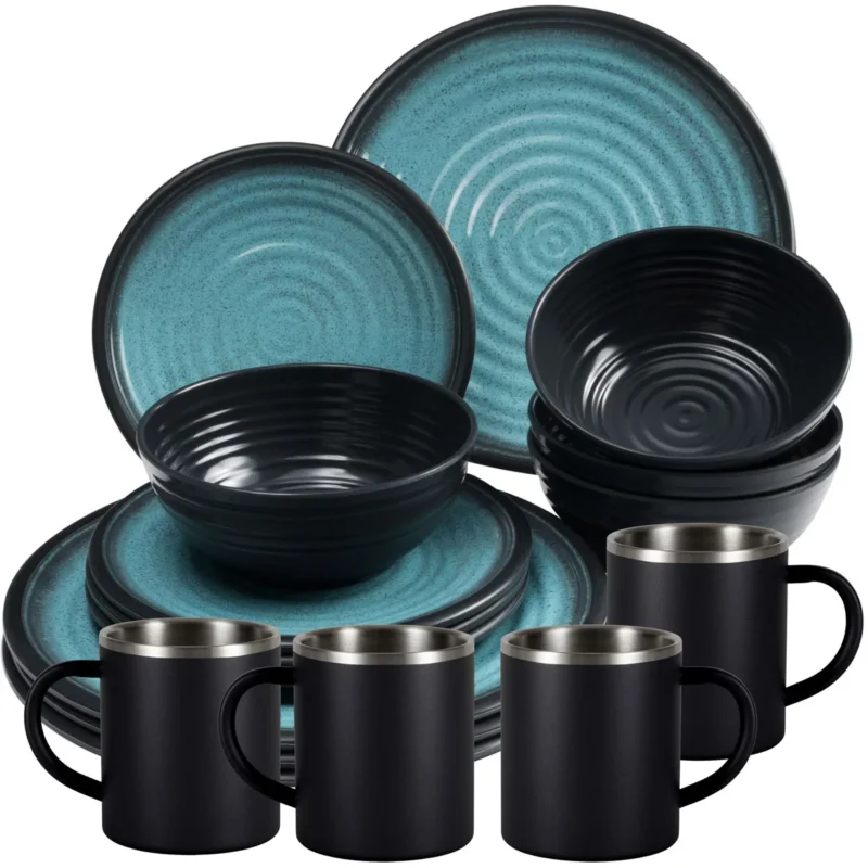Melamin Geschirr Set Blau Schwarz für 4 Personen 16 Teile mit Edelstahl Thermo Tassen doppelwandig - Tonoptik Essgeschirr - Campinggeschirr Picknick ideal für Camping modern Outdoor