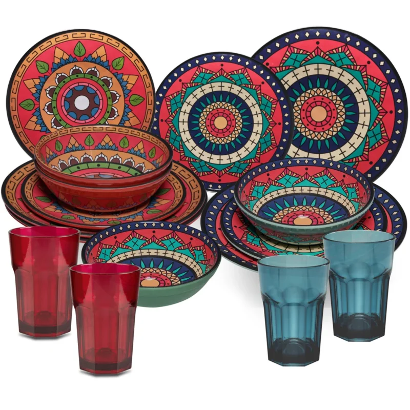 Melamin Geschirr Set Toskana Deep für 4 Personen - 16 Teile Rot-Grün - Mandala-Optik mit farblich passenden Trinkgläsern 400 ml Campinggeschirr