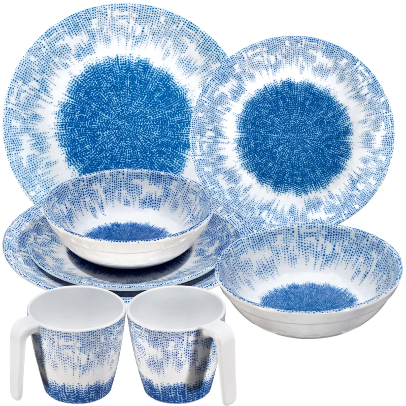 Melamin Geschirr Set Wish Flower Blau für 2 Personen - 8 Teile - Pusteblume Steingutoptik