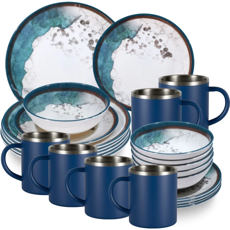 Melamin Geschirr Set Lagune für 6 Personen - 24 Teile - mit Edelstahl Thermo Tassen Steingutoptik Spülmaschinengeeignet Essgeschirr Campingzubehör Campinggeschirr Wohnwagen Camping Festival Picknick Gartenparty