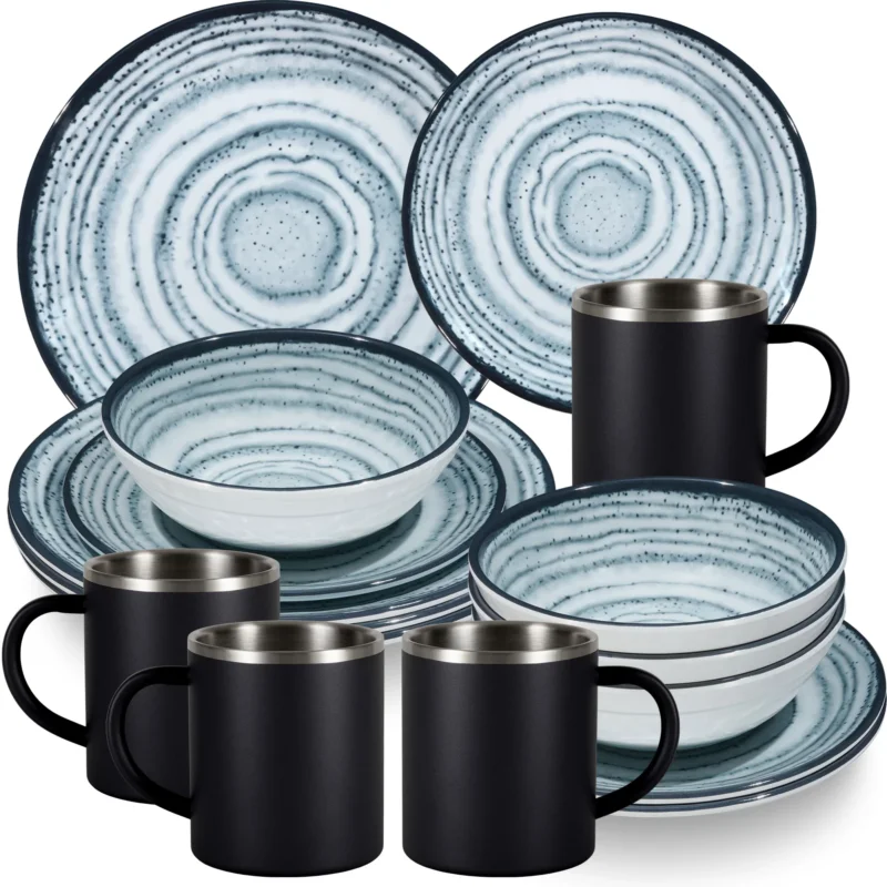 Melamin Geschirr Set Blau Schiefer für 4 Personen - 16 Teile - mit Edelstahl Thermo Tassen Steingutoptik Spülmaschinengeeignet Essgeschirr Campingzubehör Campinggeschirr Wohnwagen Camping Festival Picknick Gartenparty