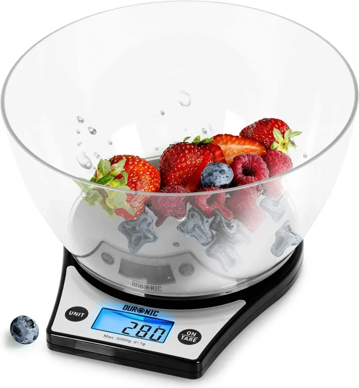 Duronic KS6000 BK Küchenwaage | 5 kg Digitalwaage rund mit 2,5 L abnehmbarer Schüssel | 1 g grammgenau Präzision-Feinwaage | Haushaltswaage mit Tara-Funktion | Digitale Waage mit Hold-Funktion