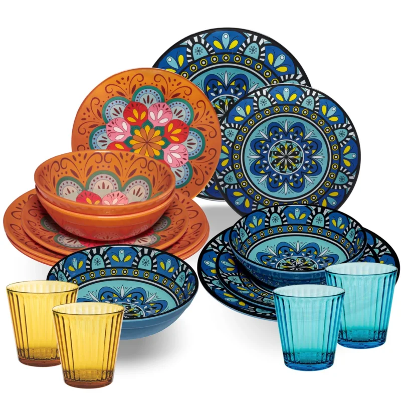 Melamin Geschirr Set Toskana Pastel für 4 Personen - 16 Teile - Orange-Blau - Mandala-Optik mit farblich passenden Trinkgläsern 360 ml aus Acryl Campinggeschirr