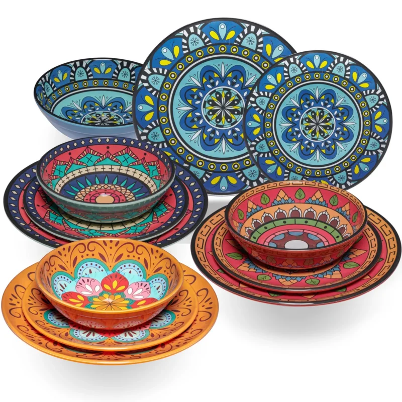 Melamin Geschirr Set Toskana für 4 Personen - 12 Teile - BUNT - Mandala-Optik Essgeschirr Campinggeschirr