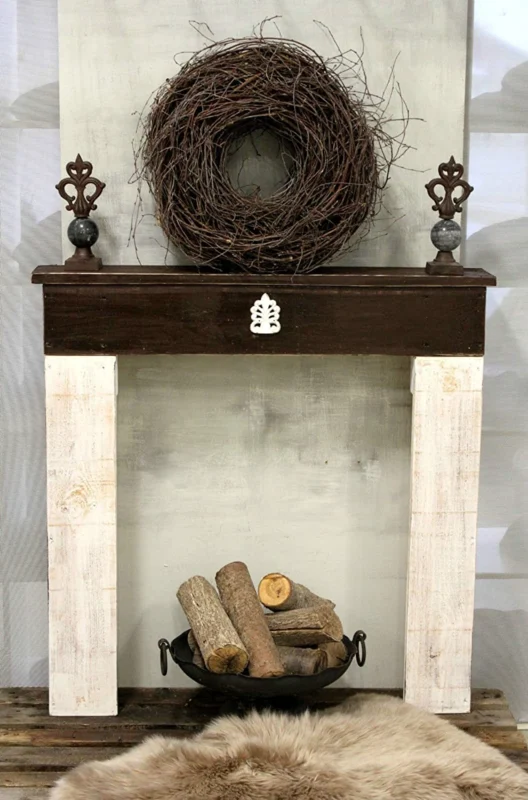 Kaminumrandung Dekokamin Antik Weiß/Braun Shabby Vintage Kaminsims fertig montiert