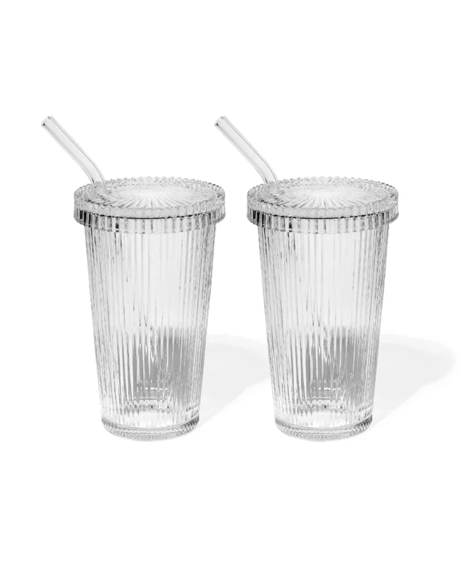 Geriffeltes Glas mit Glasdeckel und Glasstrohhalm – paris collection von 7 O'CLOCK
