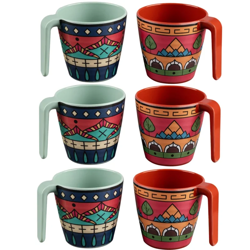 6 Stück Melamin Tassen 350 ml ideal für Camping 6 Personen - Toskana Deep - Stapelbar - Steingutoptik Mandala Trinkbecher Kaffeetasse Kaffeebecher