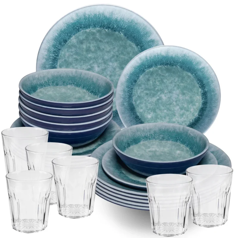 Melamin Geschirr Set Adria Blue für 6 Personen - 24 Teile Blau - mit klarem Trinkglas 250 ml aus Acryl Steingutoptik Campinggeschirr