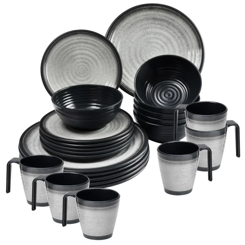 Melamin Geschirr Set für 6 Personen Grau Granit-Optik 24 Teile - mit Stapeltassen - Campinggeschirr Geschirrset Tafelgeschirr - Spülmaschinengeeignet Tableware Outdoor Camping