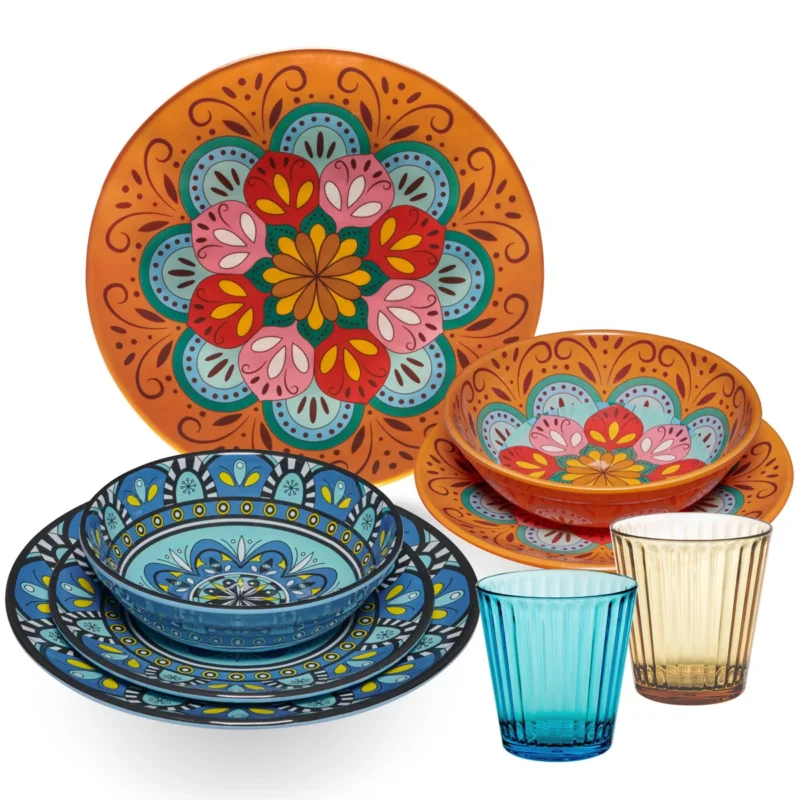 Melamin Geschirr Set Toskana Pastel für 2 Personen - 8 Teile - Orange-Blau - Mandala-Optik mit farblich passenden Trinkgläsern 360 ml aus Acryl Campinggeschirr