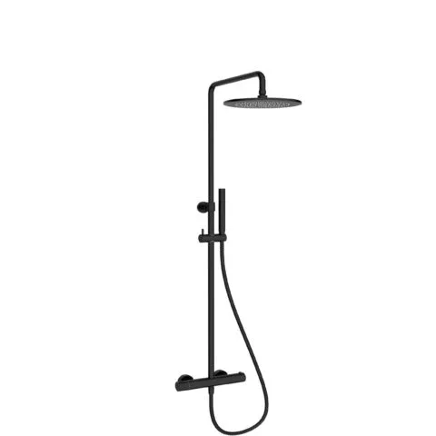 Brause-Set mit Thermostat-Mischbatterie, Regenbrause 250 mm und Stab-Handbrause in Schwarz matt