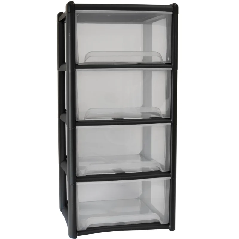 Schubladenbox mit 4 Schubladen 38x38x79 cm - schwarz-transparent Kunststoff Drawer Tower Box Organizer für Schreibtisch Easy-Pull-System