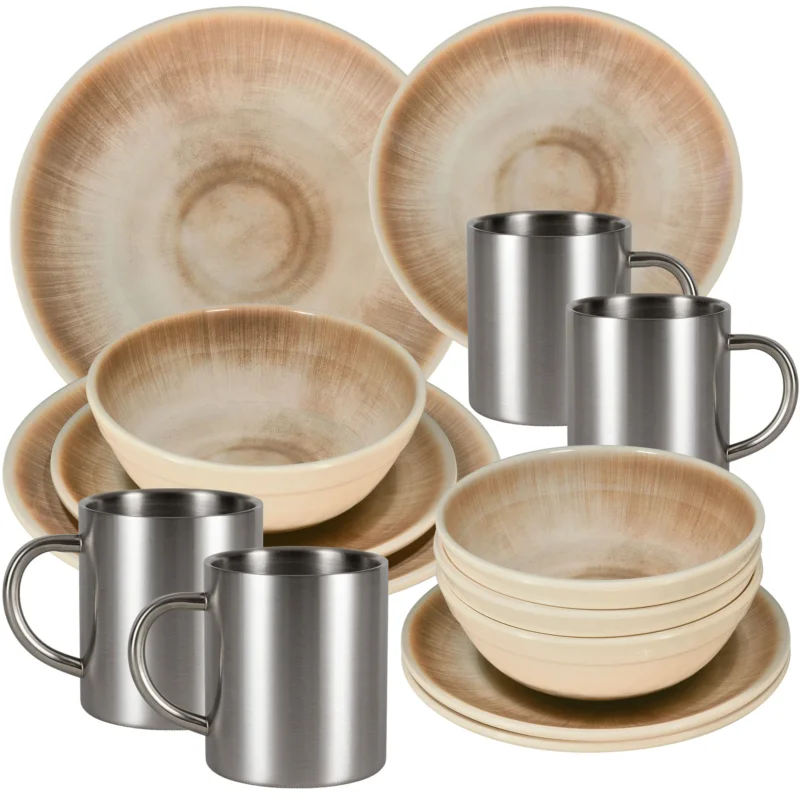 Melamin Geschirr Set Jesolo Sand für 4 Personen - 16 Teile - mit Edelstahl Thermo Tassen Steingutoptik Spülmaschinengeeignet Essgeschirr Campingzubehör Campinggeschirr Wohnwagen Camping Festival Picknick Gartenparty